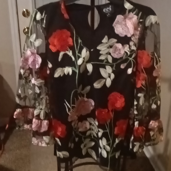 NWOT eci black multi-colored floral laced blouse w sheer bell sleeves Size Small - Picture 8 of 8